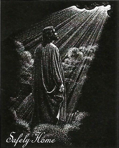 a black and white drawing of jesus with the words safely home below him