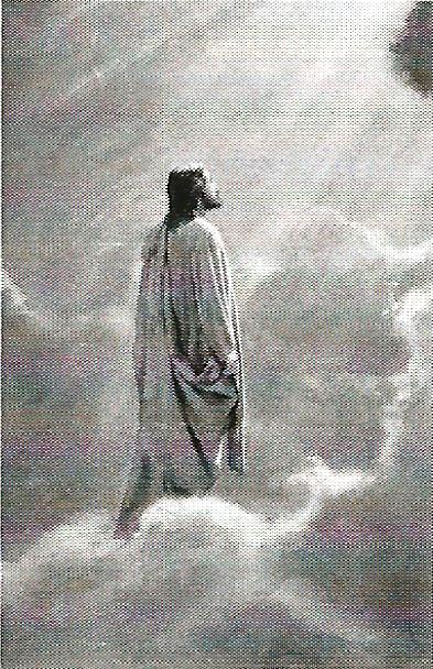 a black and white painting of jesus walking through the clouds .
