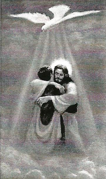 a black and white painting of jesus holding a man in his arms .