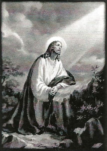 a black and white painting of jesus kneeling on a rock .