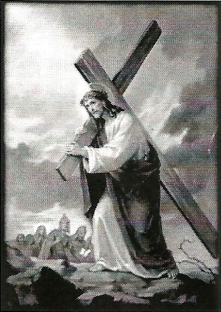 a black and white painting of jesus carrying a cross .