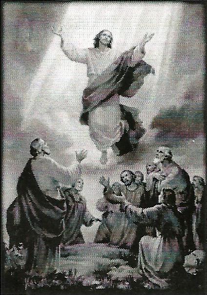 a black and white painting of jesus ascending into heaven surrounded by people .