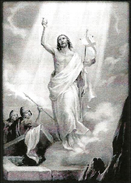 a black and white painting of jesus resurrection .