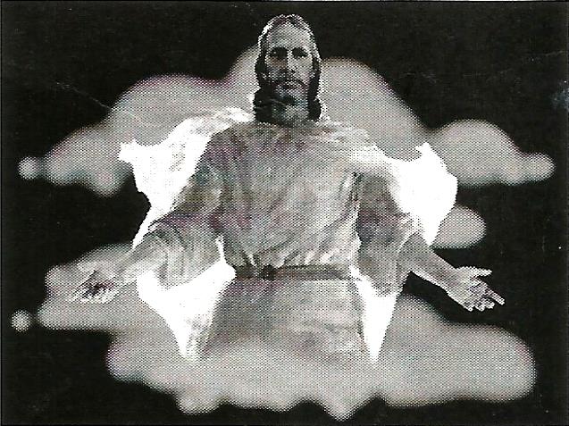 a black and white photo of jesus surrounded by clouds