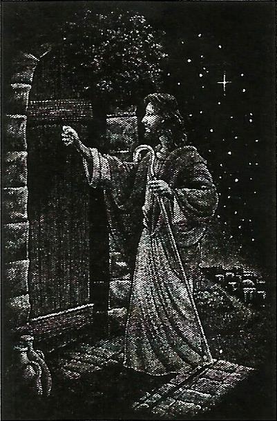 a black and white painting of jesus opening a door
