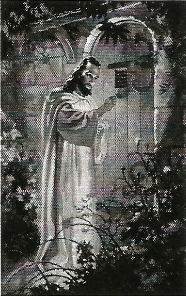 a black and white painting of jesus standing in front of a door .