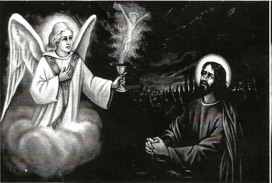 a black and white painting of jesus and an angel