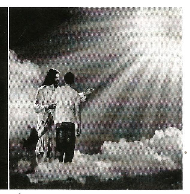 a black and white photo of jesus and a man in the clouds
