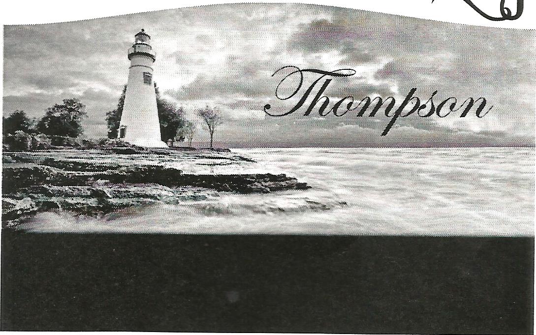 a black and white photo of a lighthouse and the name thompson
