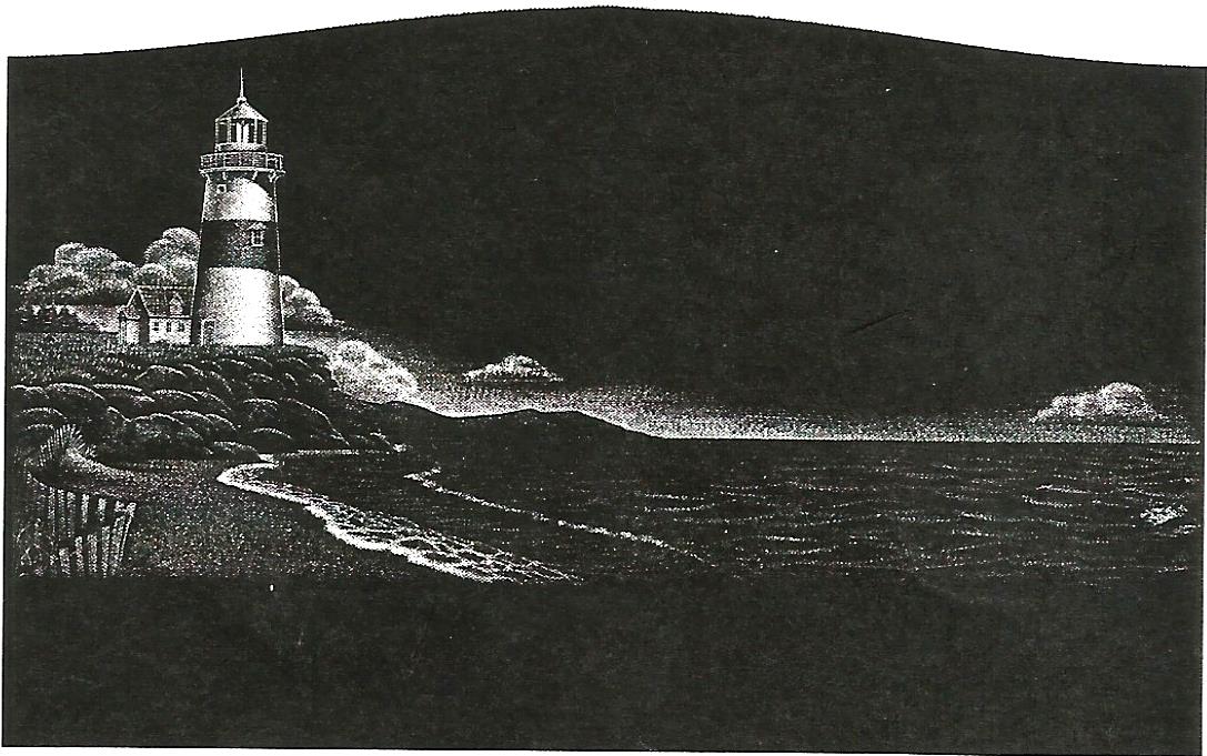 a black and white drawing of a lighthouse on a hill overlooking the ocean .