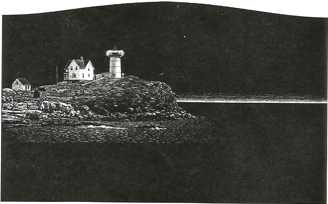 a black and white photo of a lighthouse on a hill overlooking a body of water .