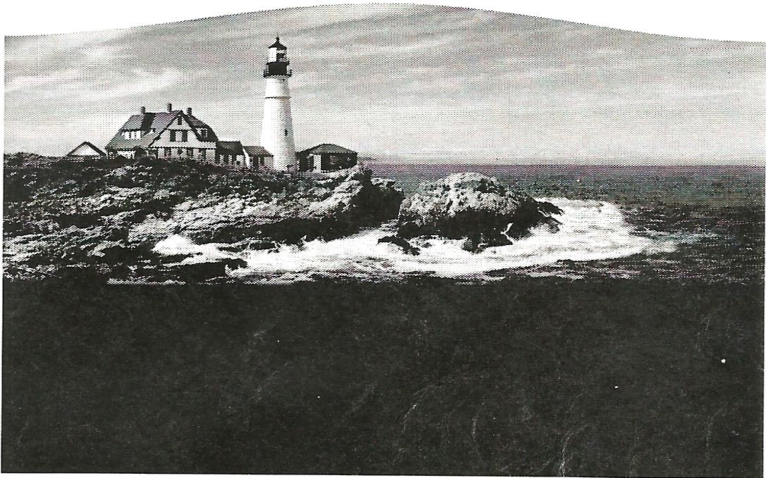 a black and white photo of a lighthouse on a rocky island
