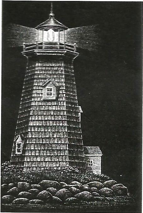 a black and white drawing of a lighthouse at night