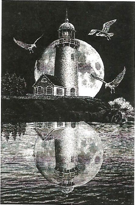 a black and white drawing of a lighthouse and a full moon