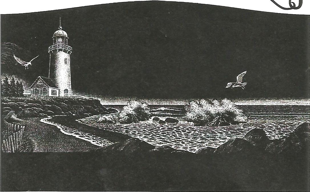 a black and white photo of a lighthouse and seagulls