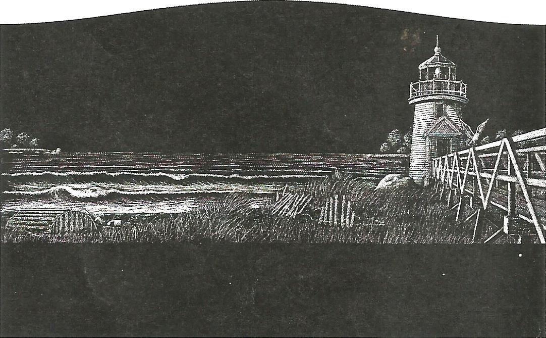 a black and white photo of a lighthouse at night