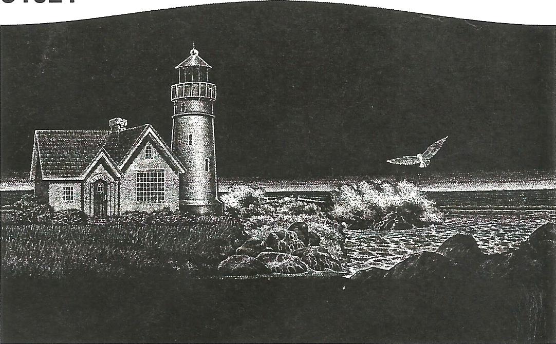 a black and white drawing of a lighthouse and a house