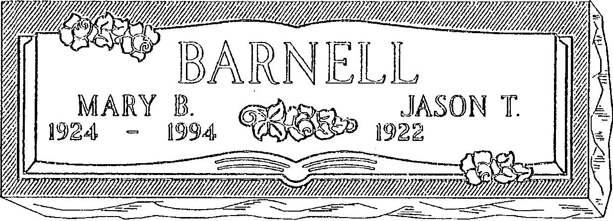 a black and white drawing of a gravestone for mary e. barnell and jason t.