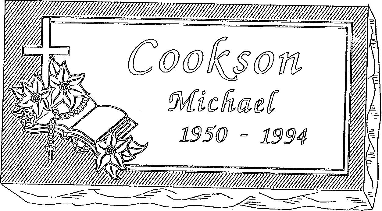 a black and white drawing of a gravestone for cookson michael 1950 - 1994