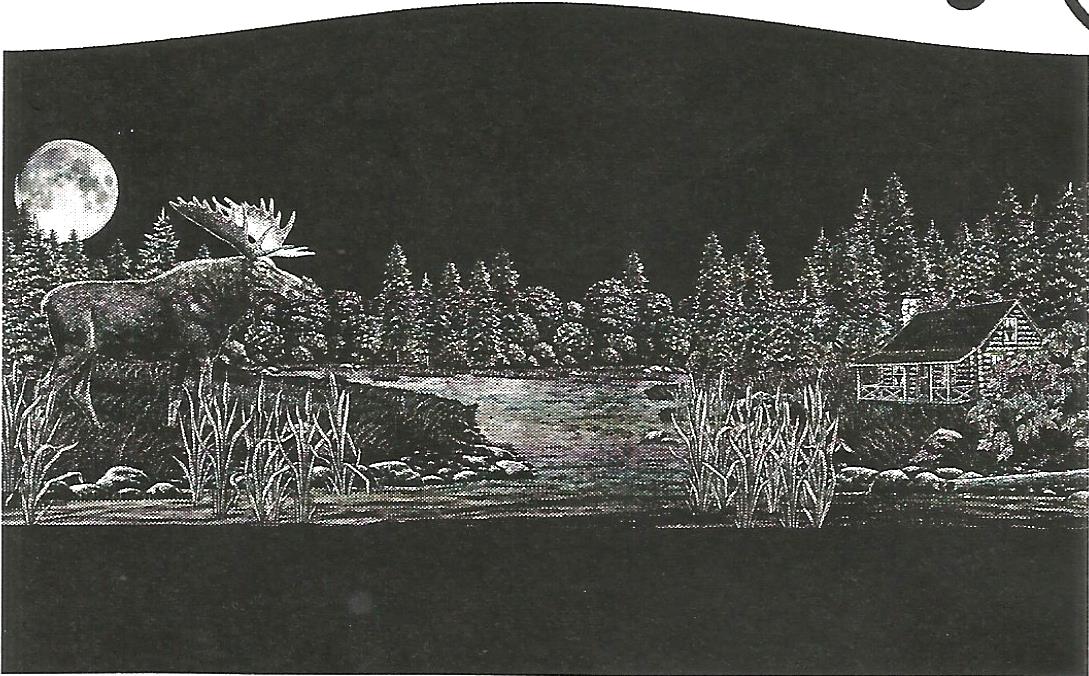 a black and white drawing of a river with trees and a full moon