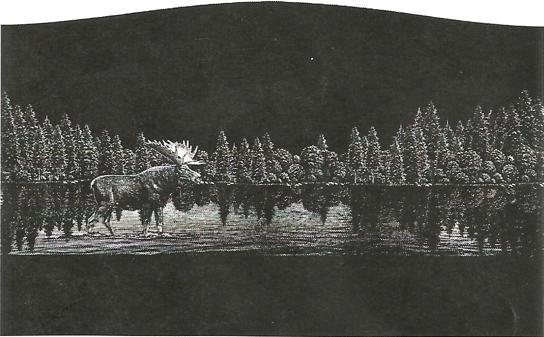a black and white photo of a moose in the water