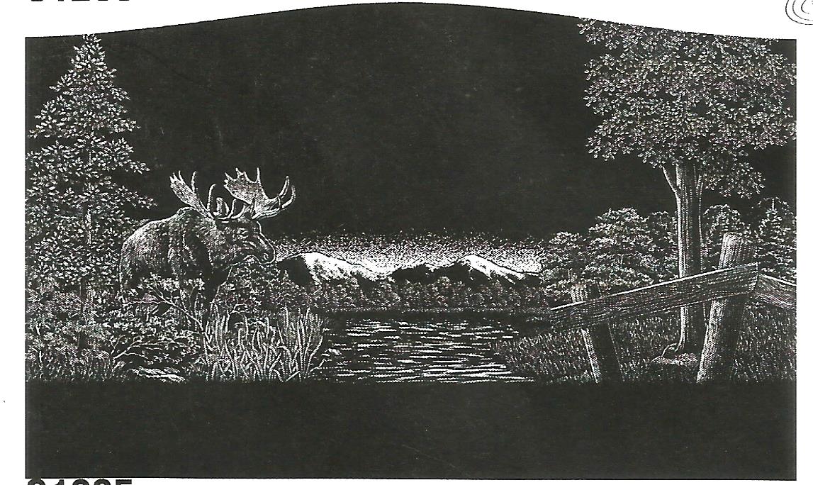 a black and white drawing of a moose in the woods