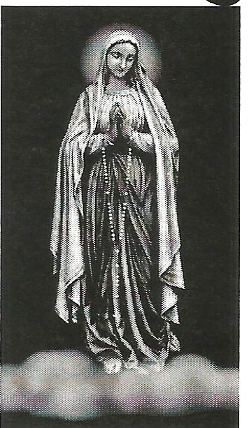 a black and white photo of a statue of the virgin mary holding a rosary .
