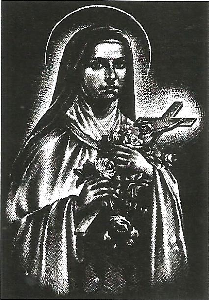 a black and white drawing of a woman holding a cross