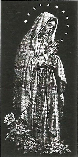 a black and white drawing of a woman praying with roses in the background