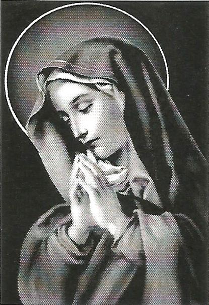 a black and white painting of a woman praying