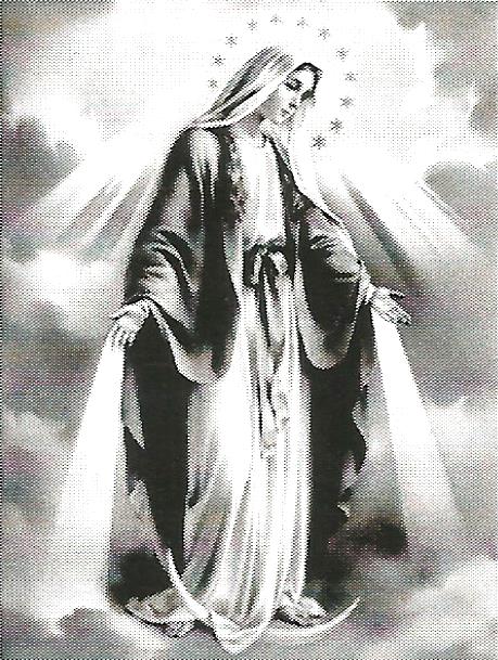 a black and white painting of the virgin mary surrounded by clouds .