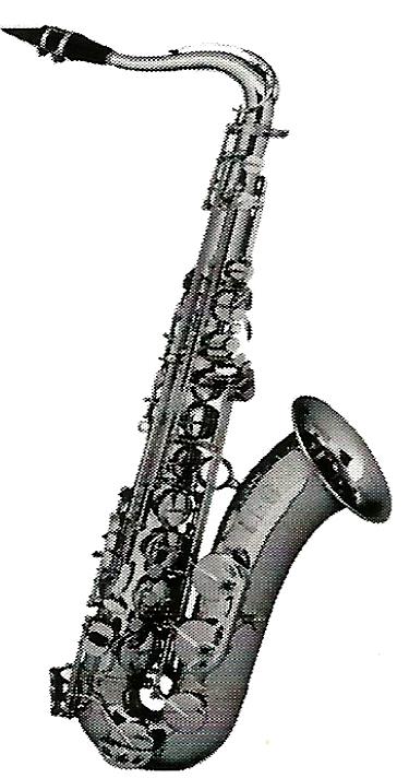 a black and white photo of a saxophone on a white background .