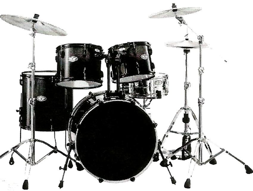 a black and white photo of a drum set on a white background