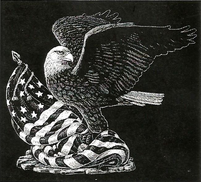 a black and white drawing of an eagle sitting on an american flag