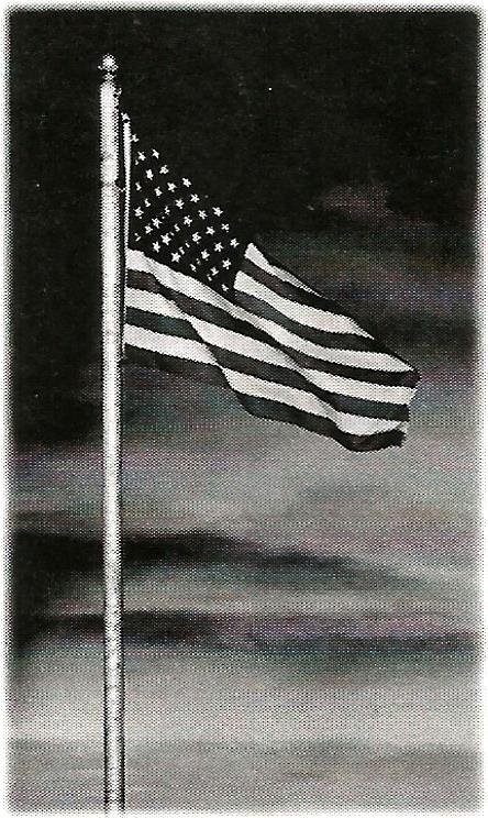 a black and white photo of an american flag on a pole .