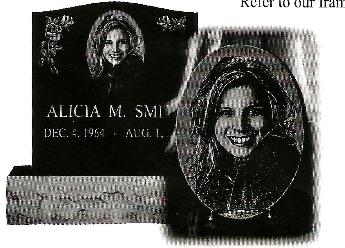 a black and white photo of a gravestone for alicia m. smiling