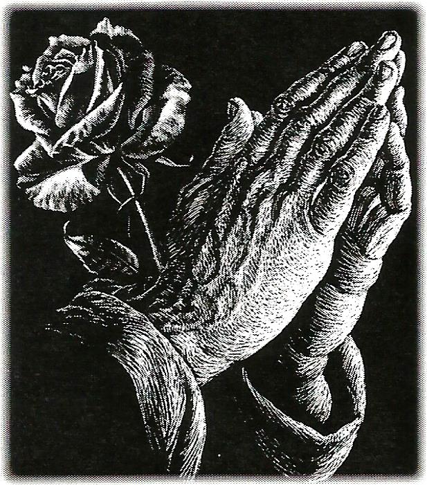 a black and white drawing of praying hands holding a rose