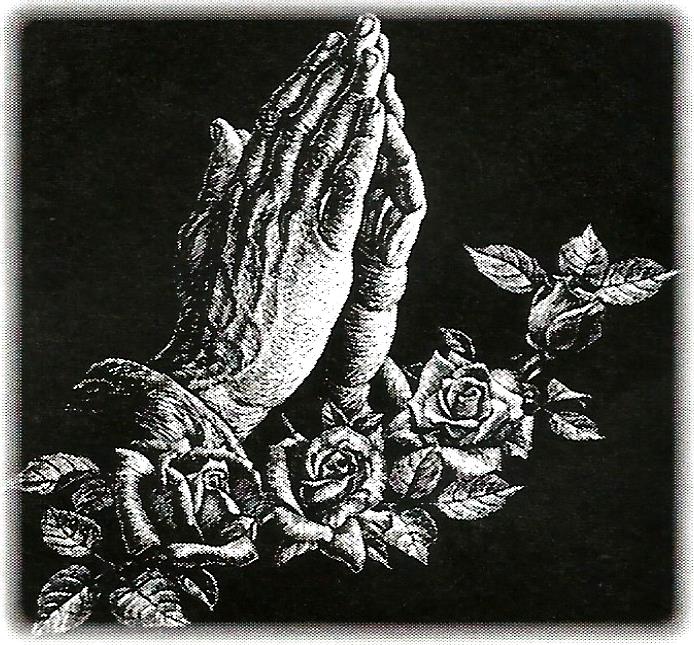 a black and white drawing of praying hands surrounded by roses