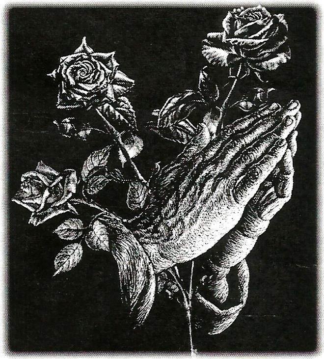 a black and white drawing of praying hands holding roses