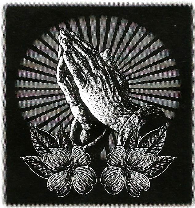 a black and white drawing of praying hands and flowers