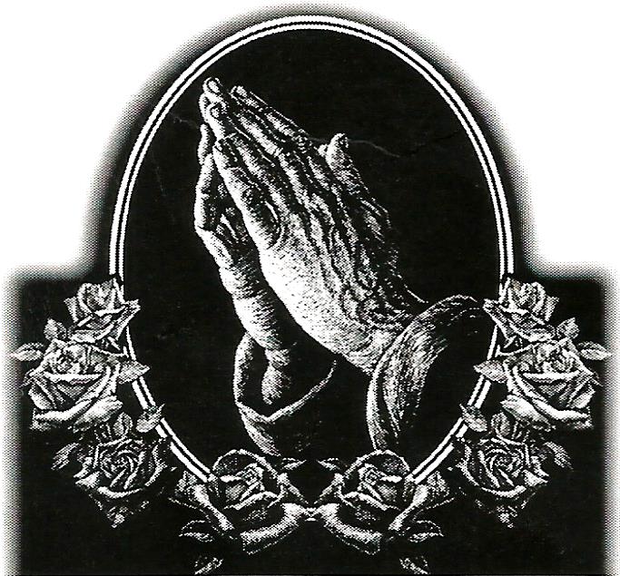 a black and white drawing of a praying hand surrounded by roses