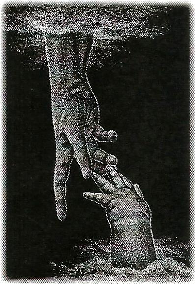 a black and white drawing of a hand reaching out to another hand .
