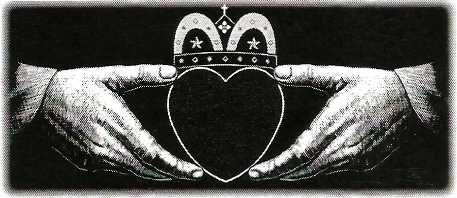 a black and white drawing of two hands holding a heart with a crown on it