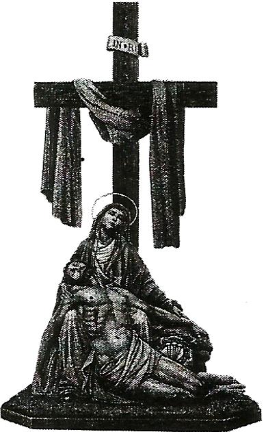 a black and white statue of jesus and mary under a cross