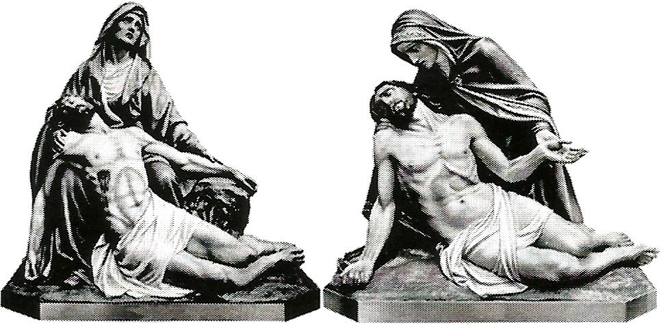a black and white photo of a statue of jesus and mary