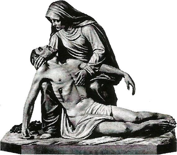 a statue of jesus laying on the ground with a woman standing next to him
