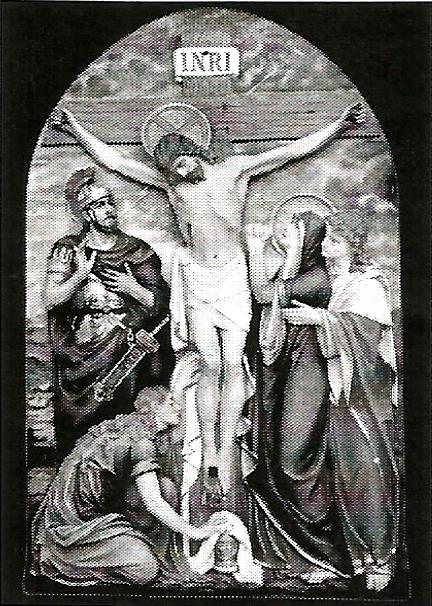 a black and white painting of jesus on the cross