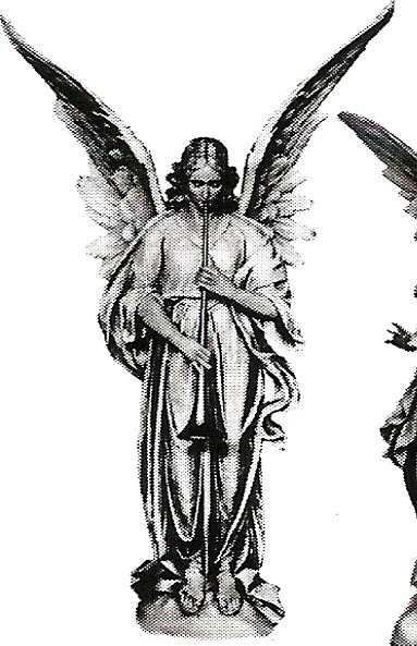 a black and white photo of a statue of an angel holding a trumpet .