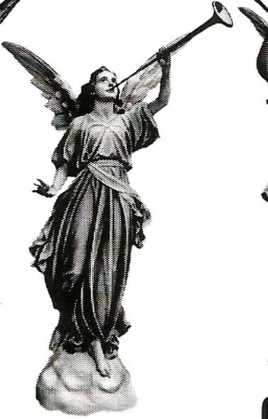 a black and white photo of a statue of an angel blowing a trumpet .
