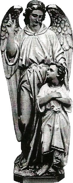 a black and white photo of a statue of an angel holding a child .